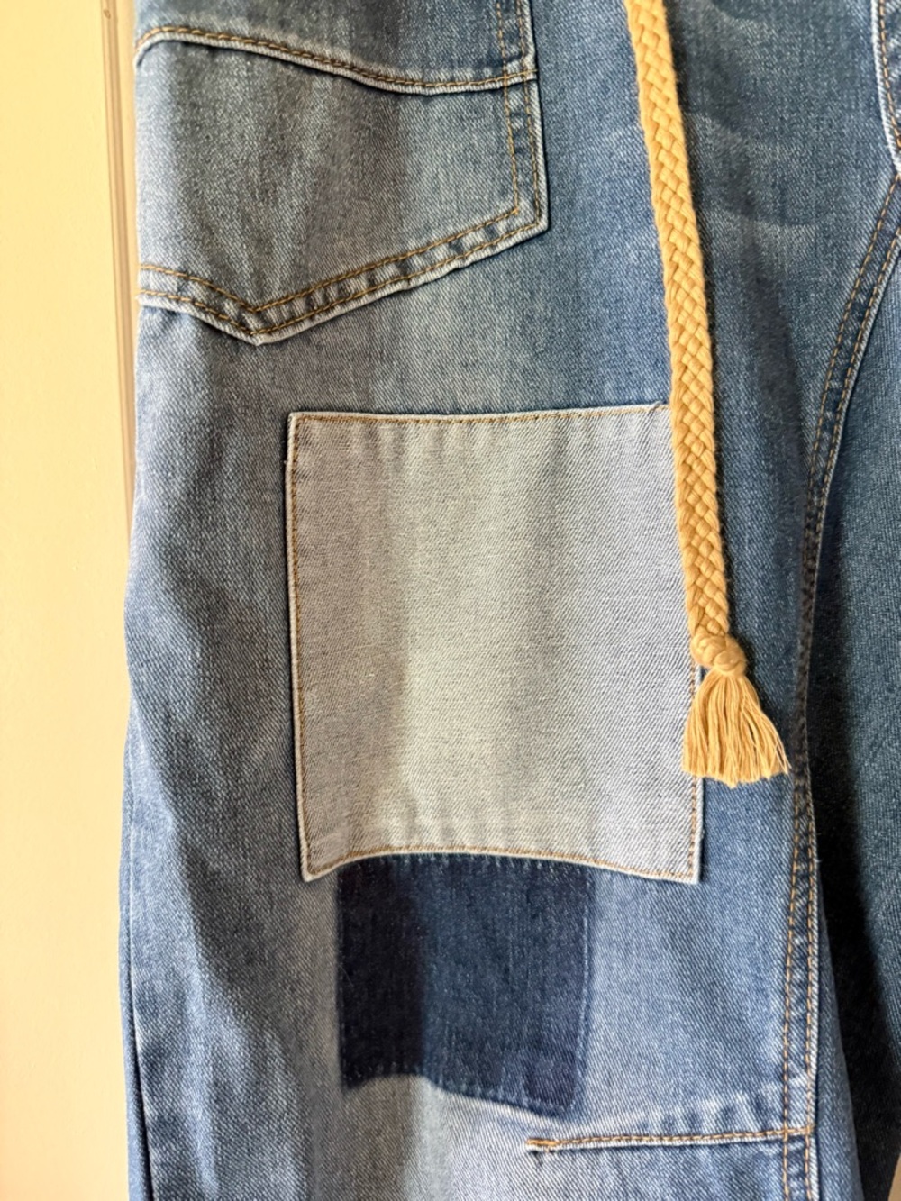 Patchwork Relaxed Denim Pants With Rope Belt - Picture 6 of 9